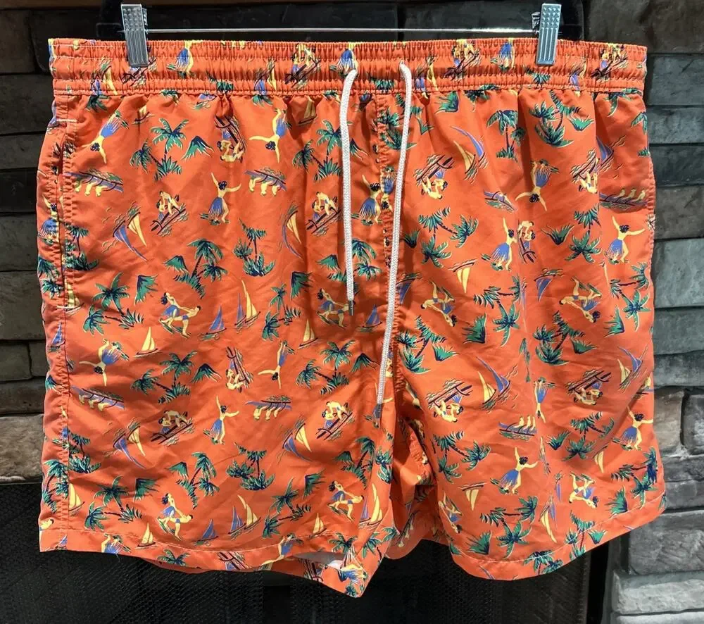 Men’s POLO Ralph Lauren Orange Hawaiian Hula Lined Swim Trunks 3XB *C5
